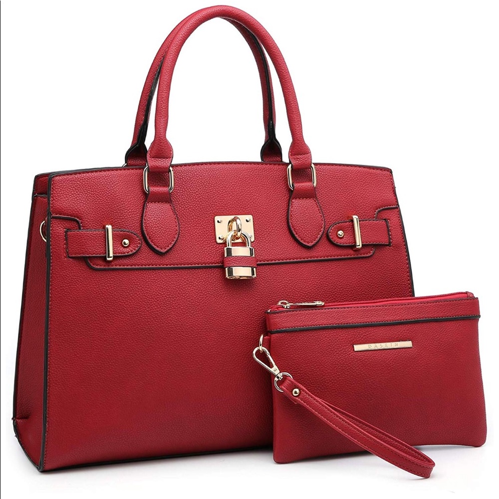 New Large Structured Red Tote Wallet Padlock Strap